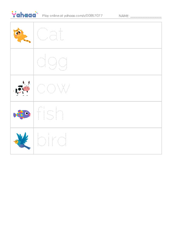 Picture and word rows worksheet for Animals