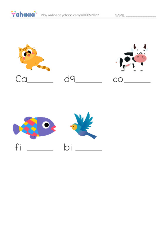 Finish the word worksheet for Animals