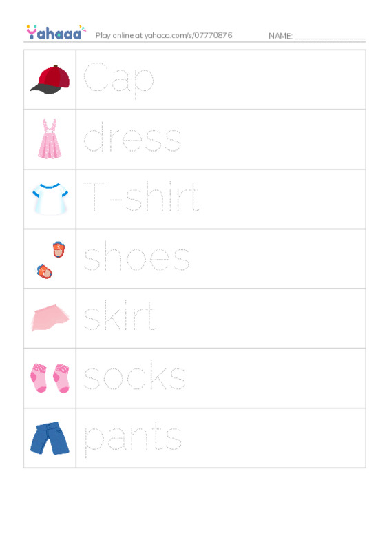 Picture and word rows worksheet for My clothes