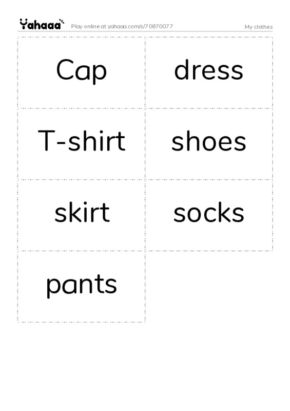 Word flashcards worksheet for My clothes
