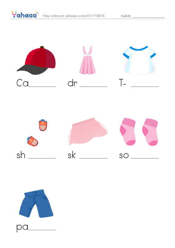 Finish the word worksheet for My clothes