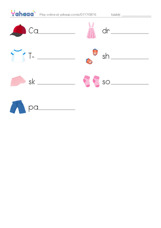 Write the word rows worksheet for My clothes