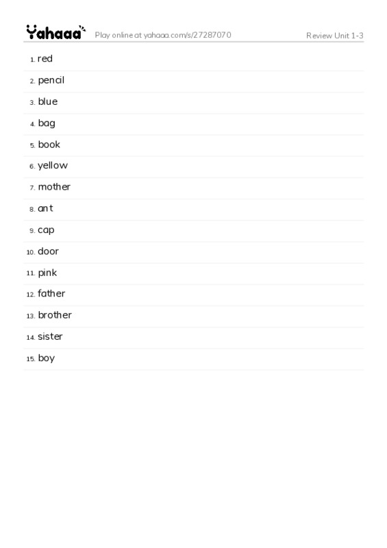 Word list with meanings worksheet for Review Unit 1-3