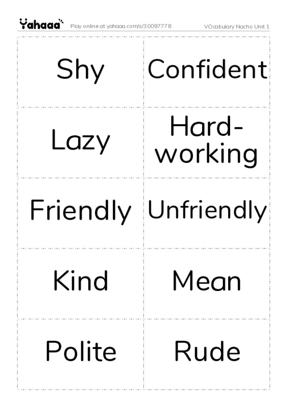 Word flashcards worksheet for VOcabulary Nacho Unit 1