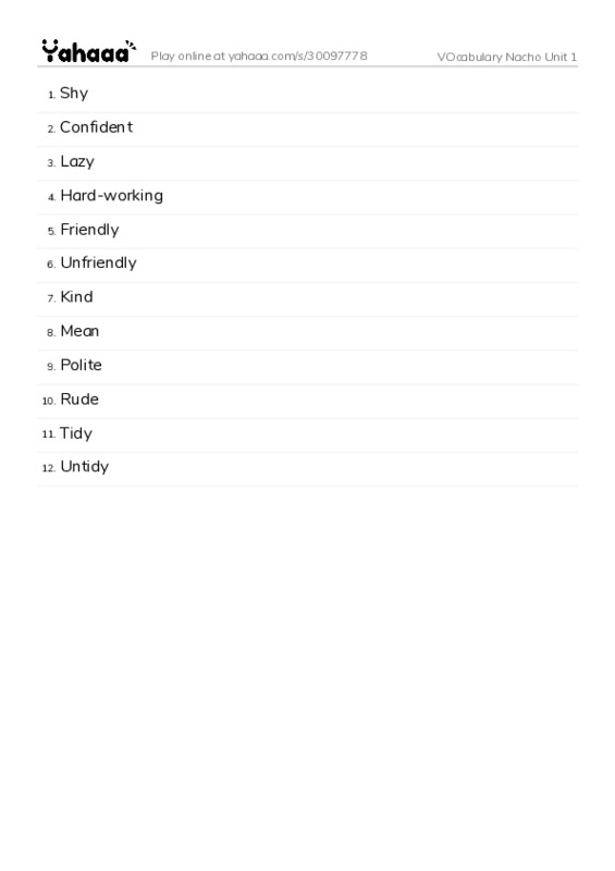 Word list with meanings worksheet for VOcabulary Nacho Unit 1
