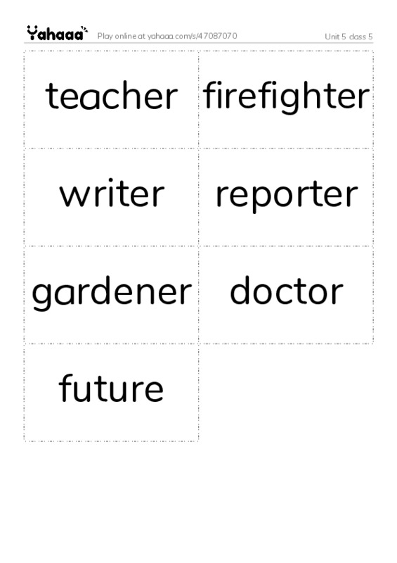Word flashcards worksheet for Unit 5 class 5