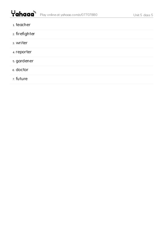Word list with meanings worksheet for Unit 5 class 5