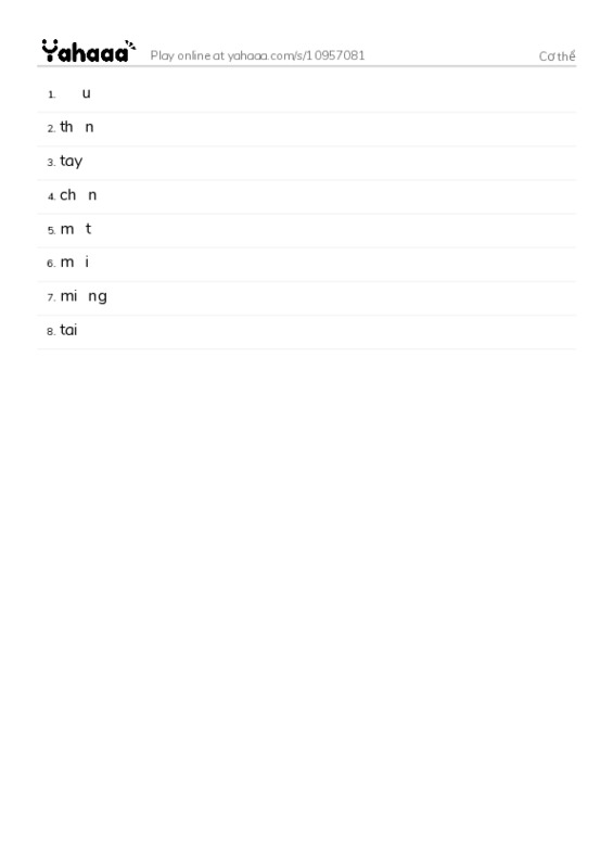 Word list with meanings worksheet for Cơ thể