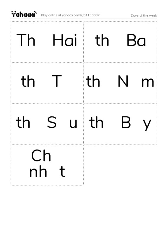 Word flashcards worksheet for Days of the week