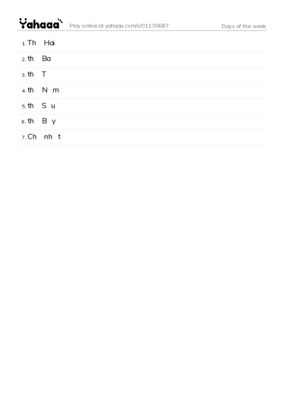 Word list with meanings worksheet for Days of the week