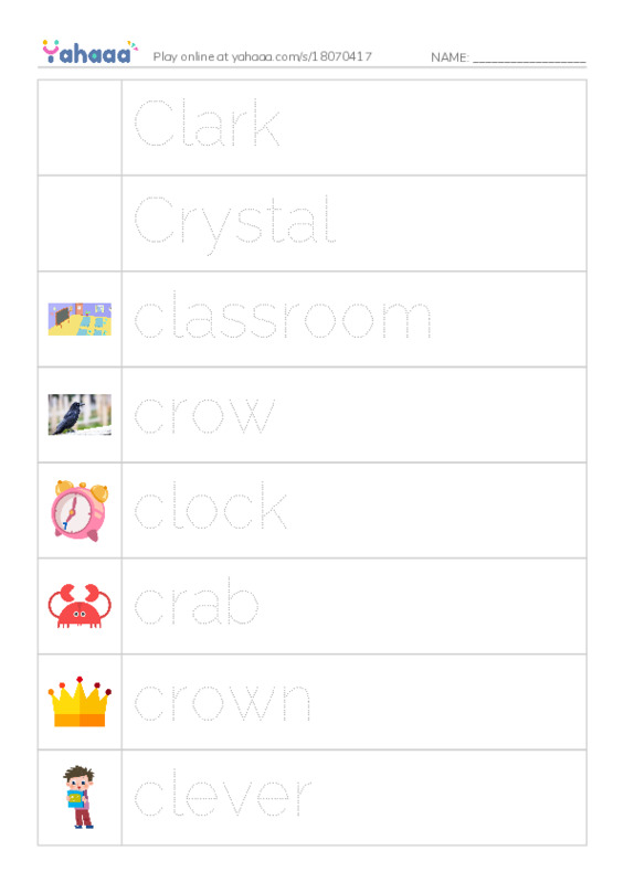 Picture and word rows worksheet for Clark, Crystal, classroom and 7 more