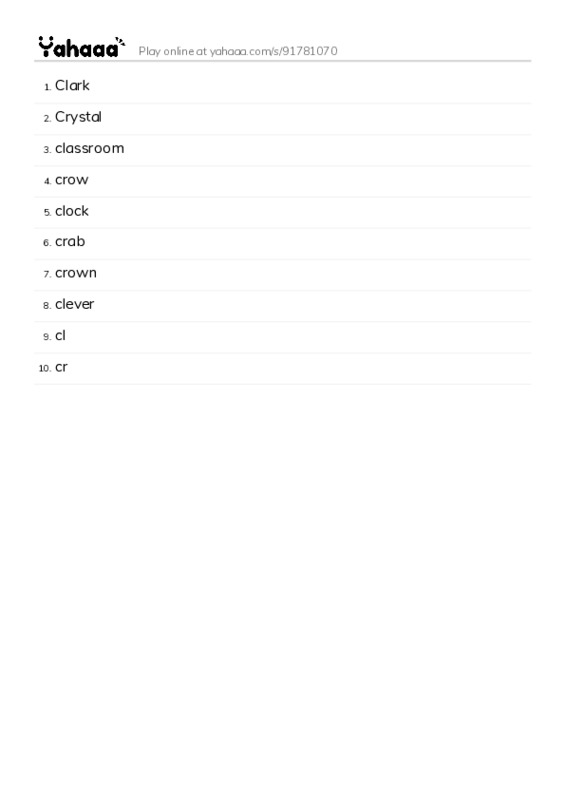 Word list with meanings worksheet for Clark, Crystal, classroom and 7 more