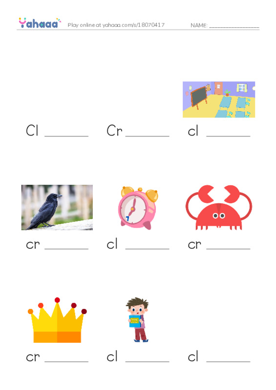 Finish the word worksheet for Clark, Crystal, classroom and 7 more