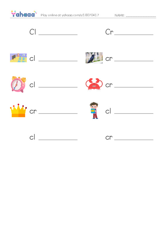 Write the word rows worksheet for Clark, Crystal, classroom and 7 more