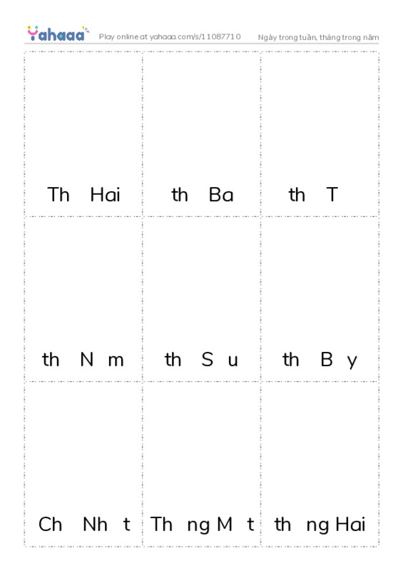 Picture flashcards worksheet for Ngày trong tuần, tháng trong năm