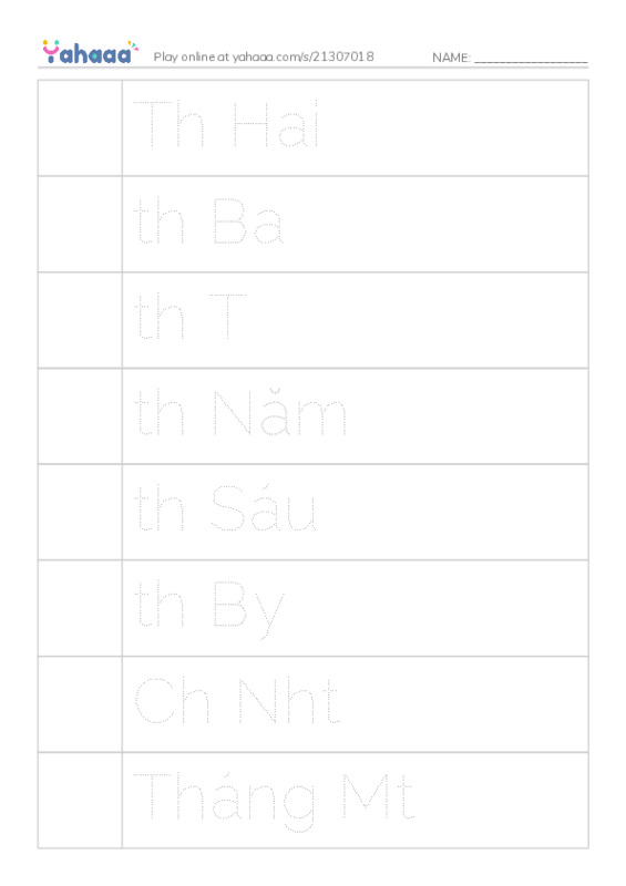 Picture and word rows worksheet for Ngày trong tuần, tháng trong năm