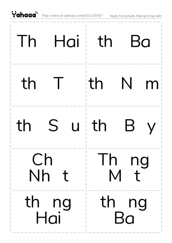 Word flashcards worksheet for Ngày trong tuần, tháng trong năm