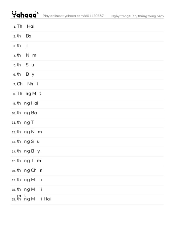 Word list with meanings worksheet for Ngày trong tuần, tháng trong năm