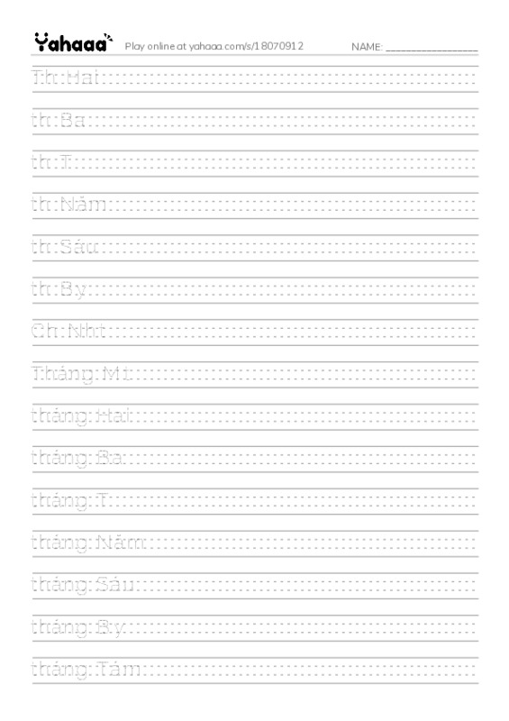 Handwriting lines worksheet for Ngày trong tuần, tháng trong năm