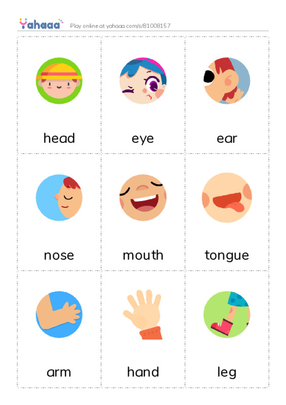 Picture flashcards worksheet for head, eye, ear and 9 more