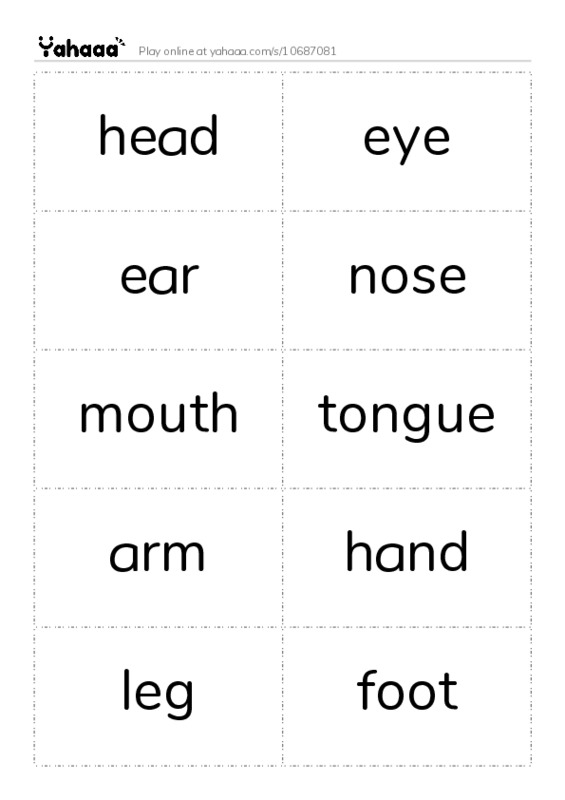Word flashcards worksheet for head, eye, ear and 9 more