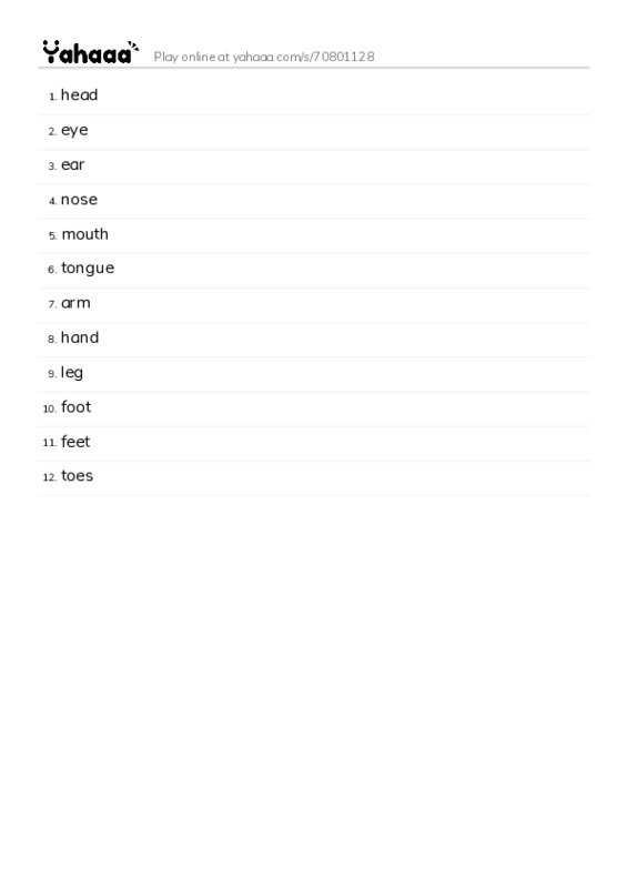 Word list with meanings worksheet for head, eye, ear and 9 more