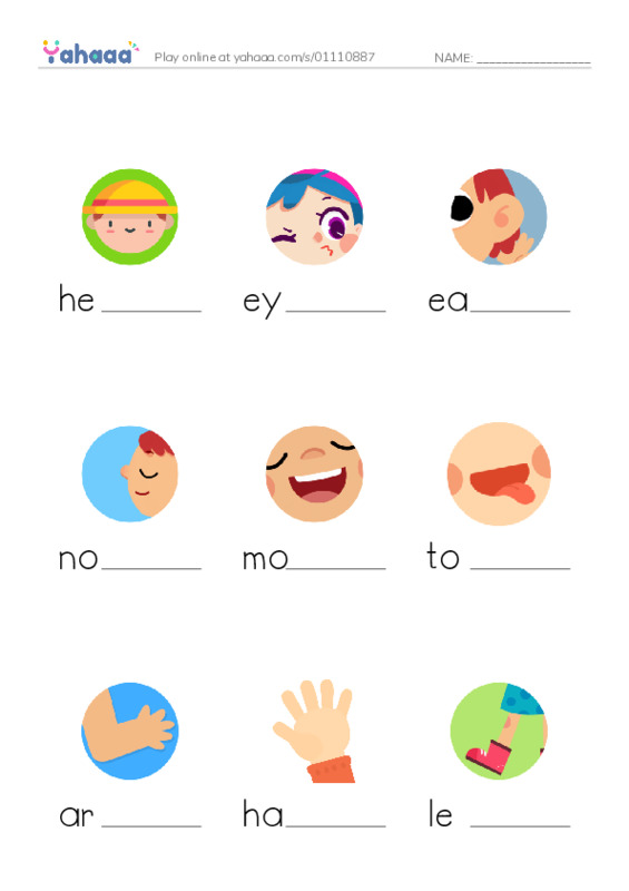 Finish the word worksheet for head, eye, ear and 9 more