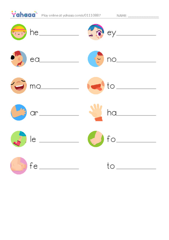 Write the word rows worksheet for head, eye, ear and 9 more