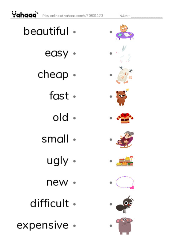 Draw a line to match worksheet for Adjectives