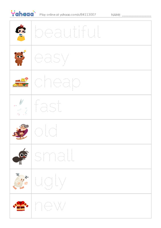 Picture and word rows worksheet for Adjectives
