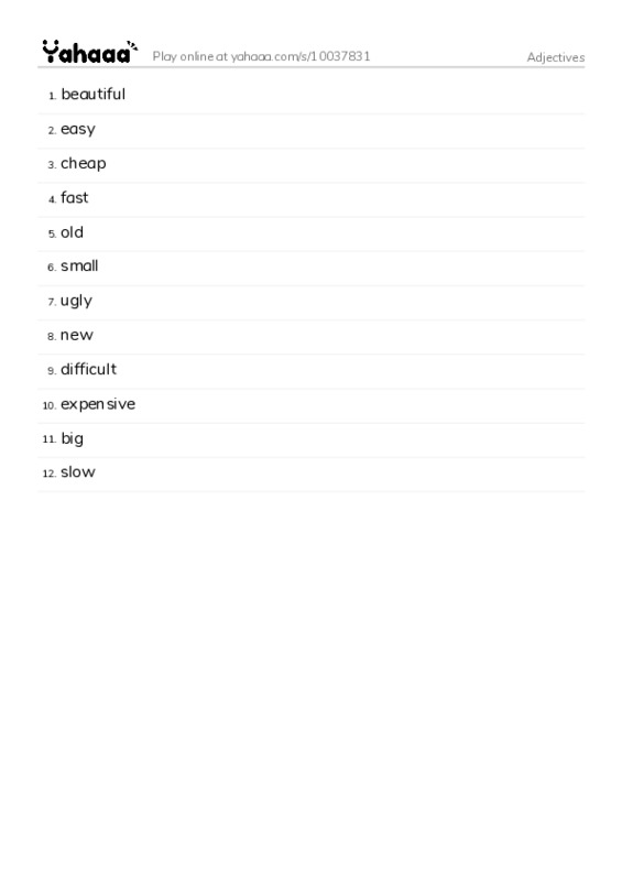 Word list with meanings worksheet for Adjectives