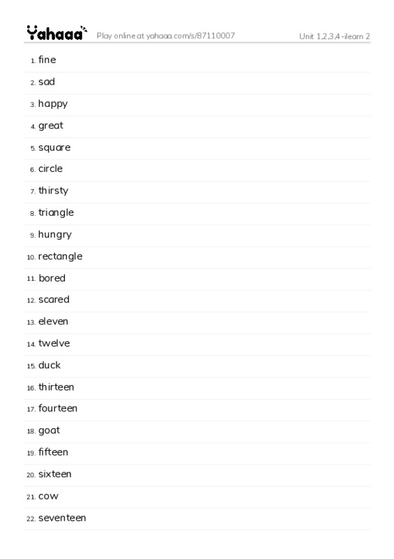Word list with meanings worksheet for Unit 1,2,3,4-ilearn 2