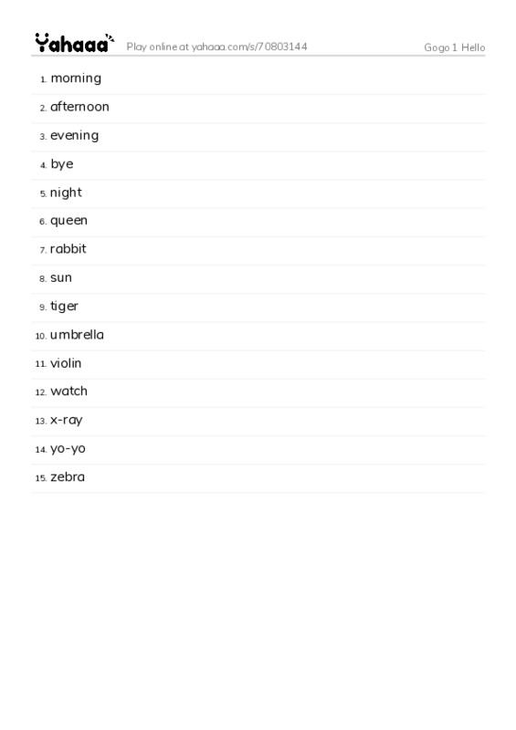 Word list with meanings worksheet for The alphabet (full)