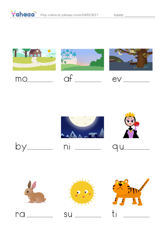 Finish the word worksheet for The alphabet (full)