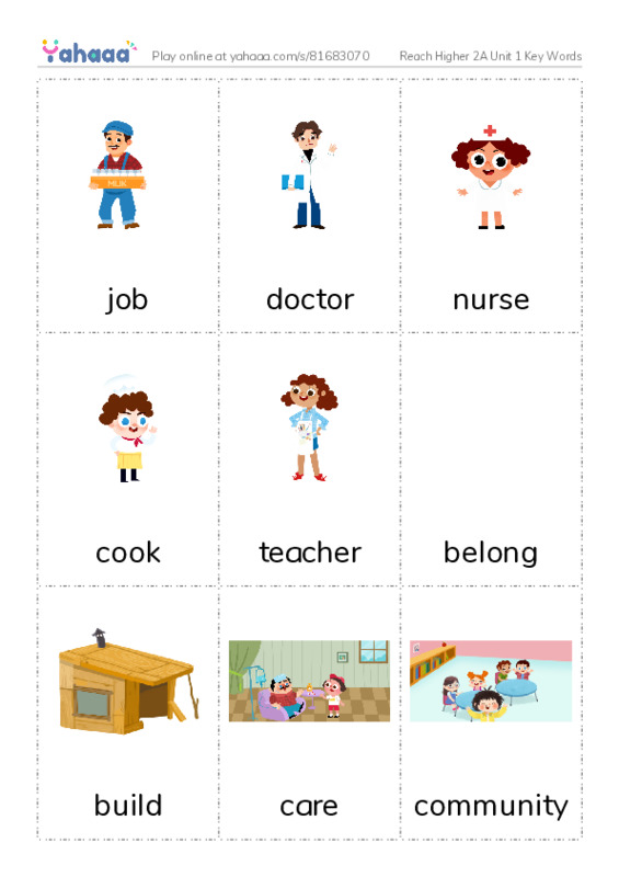 Picture flashcards worksheet for Reach Higher 2A Unit 1 Key Words