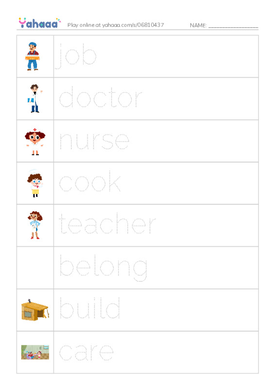 Picture and word rows worksheet for Reach Higher 2A Unit 1 Key Words