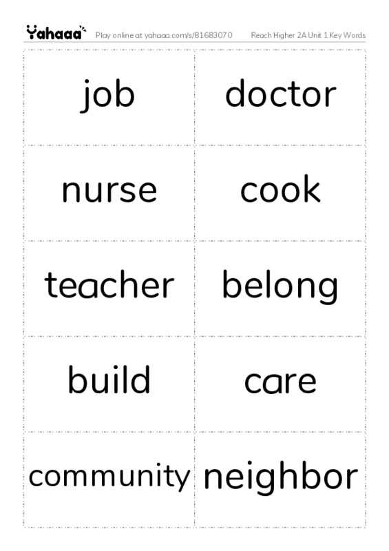 Word flashcards worksheet for Reach Higher 2A Unit 1 Key Words