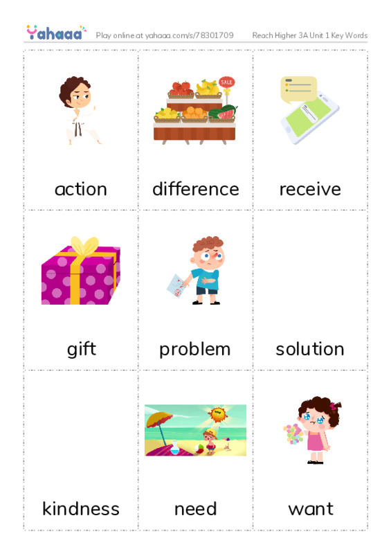 Picture flashcards worksheet for Reach Higher 3A Unit 1 Key Words