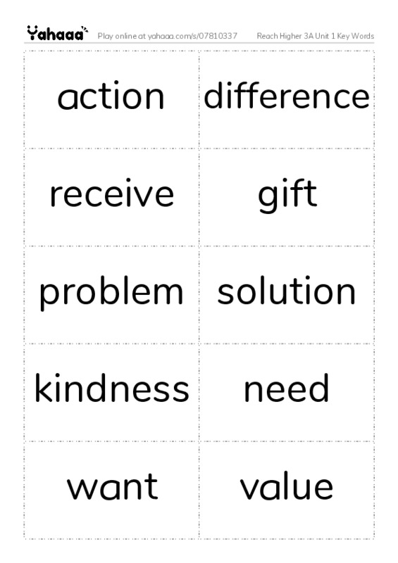 Word flashcards worksheet for Reach Higher 3A Unit 1 Key Words