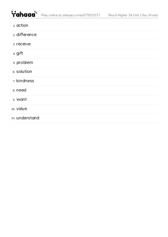 Word list with meanings worksheet for Reach Higher 3A Unit 1 Key Words