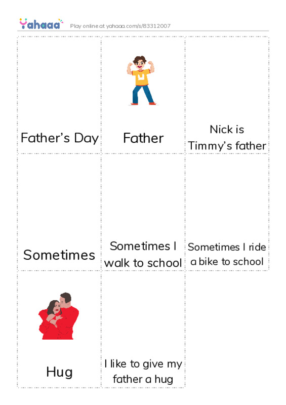 Picture flashcards worksheet for Father’s Day, Father, Nick is Timmy’s father and 5 more