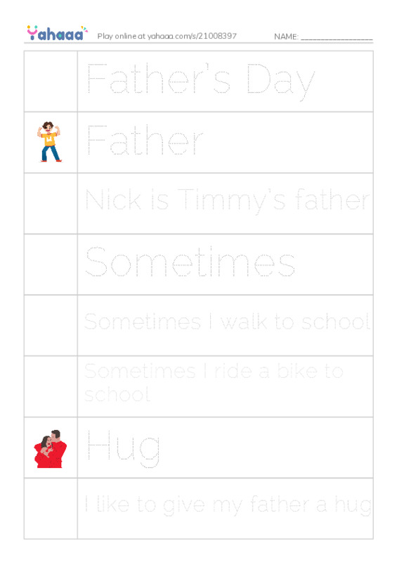 Picture and word rows worksheet for Father’s Day, Father, Nick is Timmy’s father and 5 more