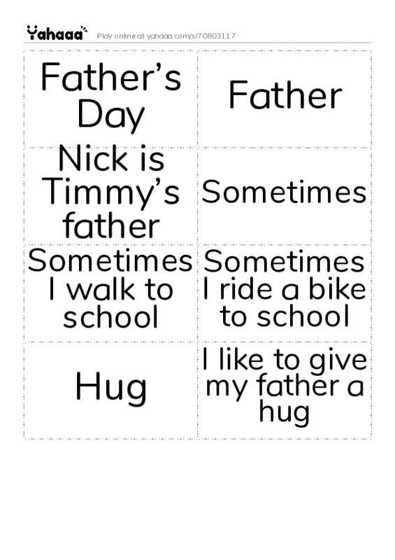 Word flashcards worksheet for Father’s Day, Father, Nick is Timmy’s father and 5 more