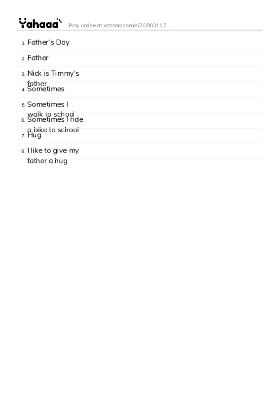 Word list with meanings worksheet for Father’s Day, Father, Nick is Timmy’s father and 5 more