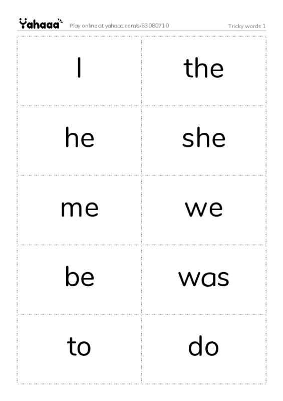 Word flashcards worksheet for Tricky words 1
