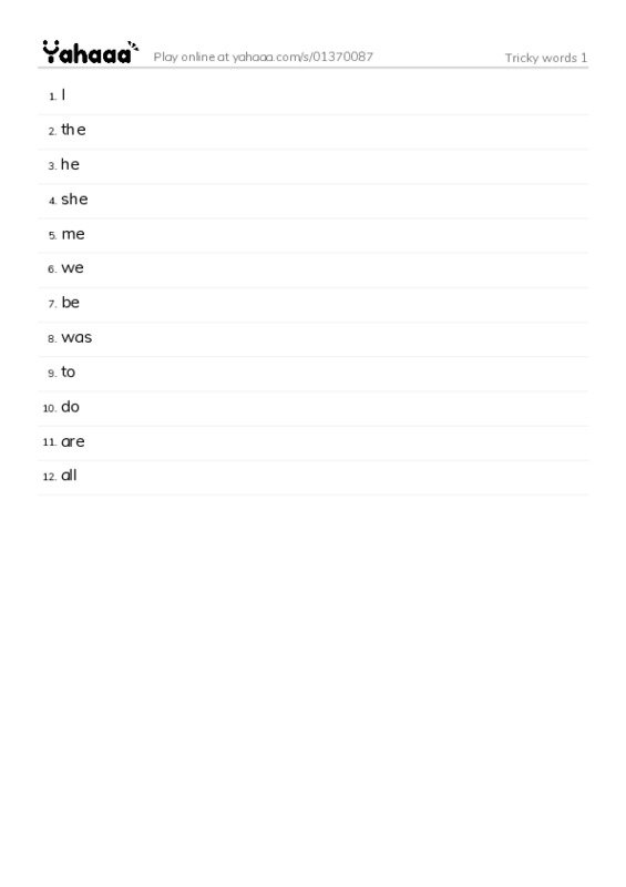 Word list with meanings worksheet for Tricky words 1