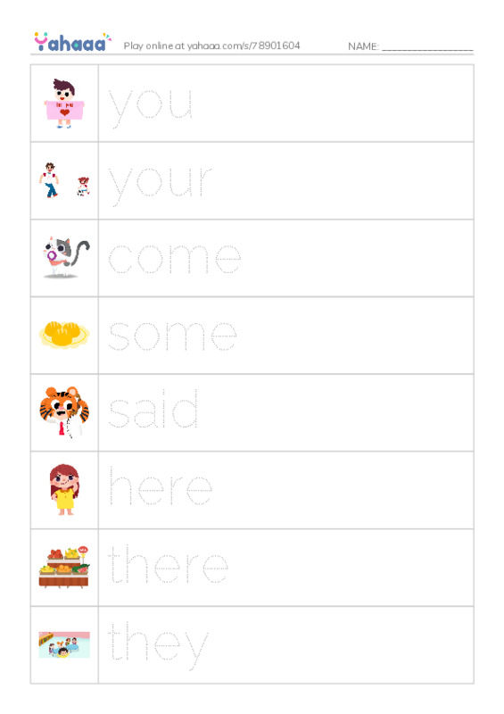 Picture and word rows worksheet for Tricky words 2