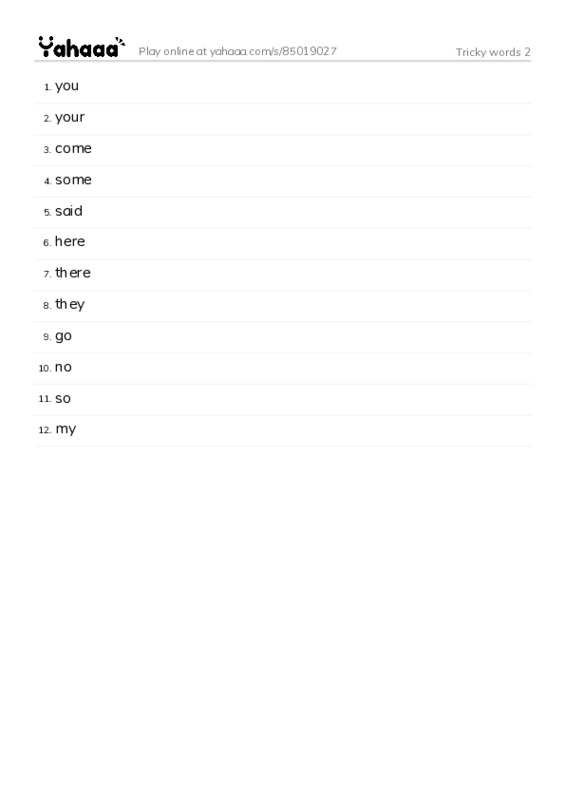 Word list with meanings worksheet for Tricky words 2
