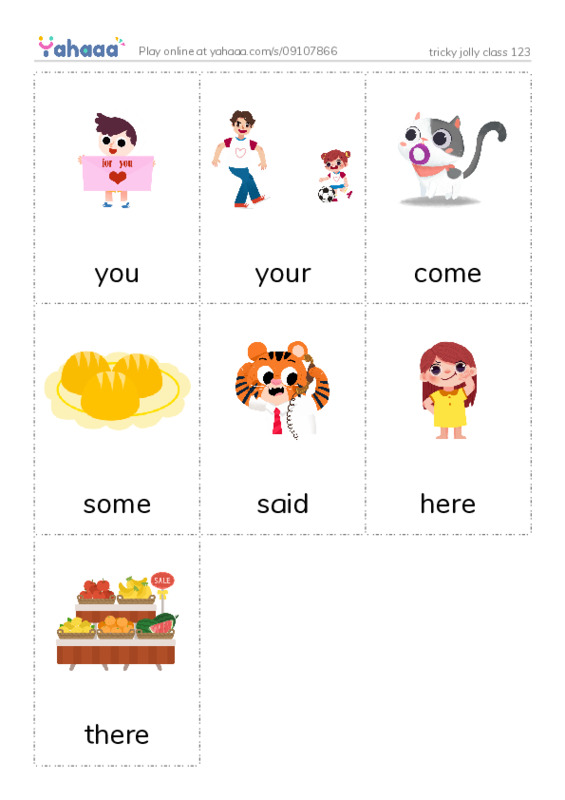 Picture flashcards worksheet for tricky jolly class 123