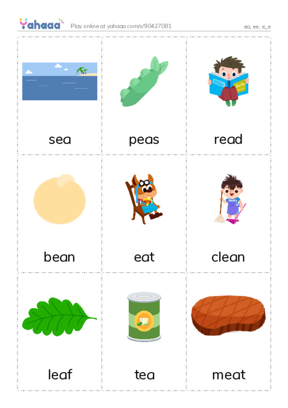 Picture flashcards worksheet for ea, ee, e_e